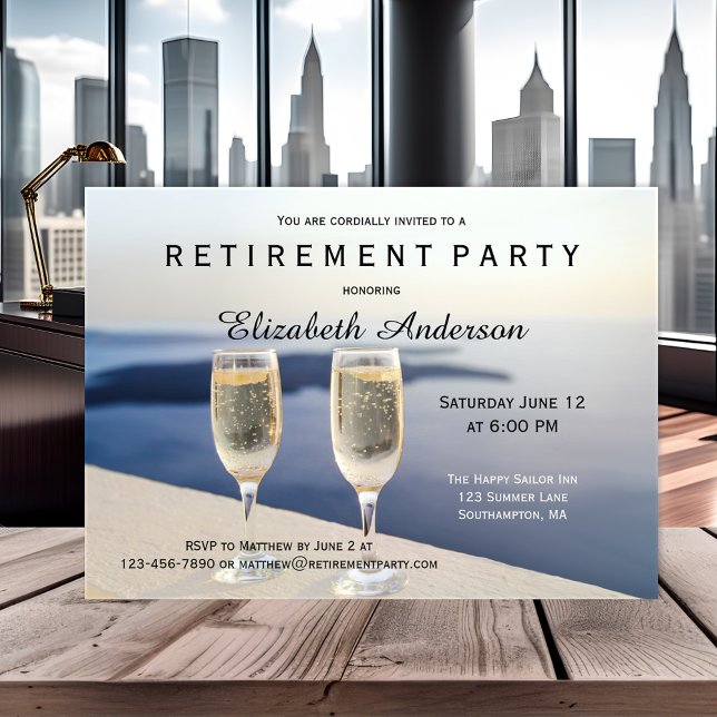 Convite de festas de aposentadoria de champanhe de (Elegant retirement party invitation featuring two champagne glasses at the beach. )