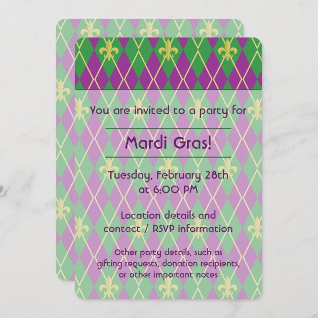 Convite de festas de Argyle do Carnaval (Frente/Verso)