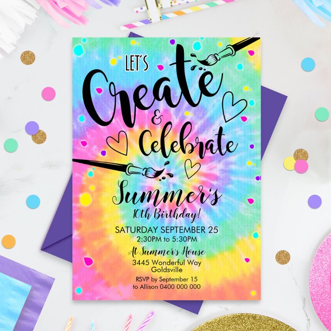 Convite de festas de Arte Tie Dye Paint Party Rain (Criador carregado)