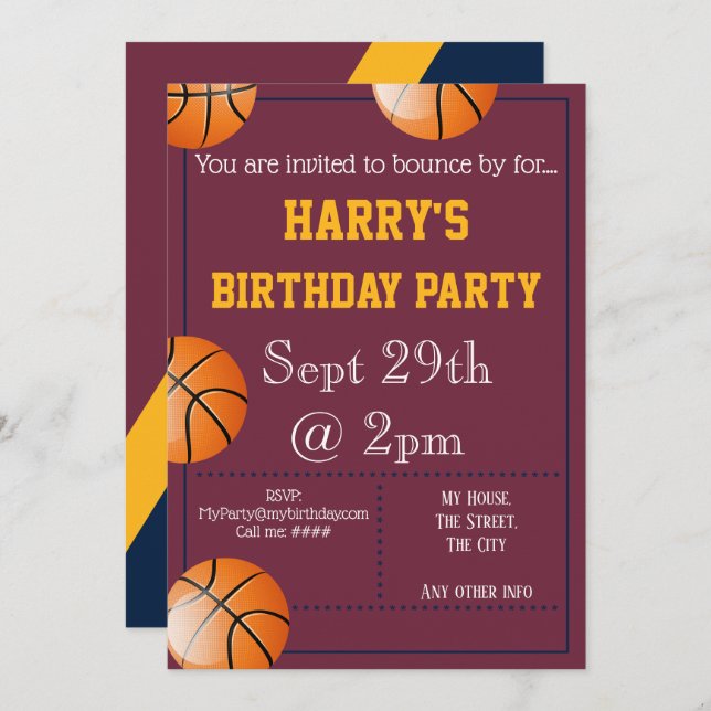 Convite de festas de basquete editável (Frente/Verso)