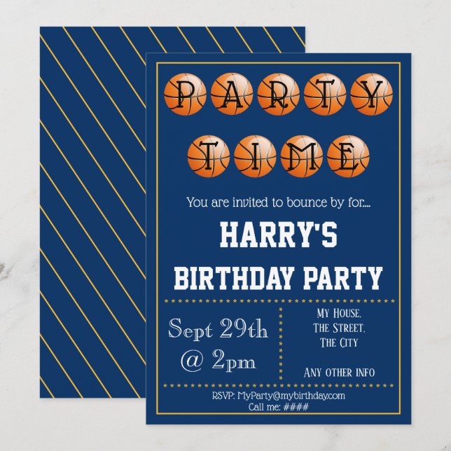 Convite de festas de basquete editável (Frente/Verso)