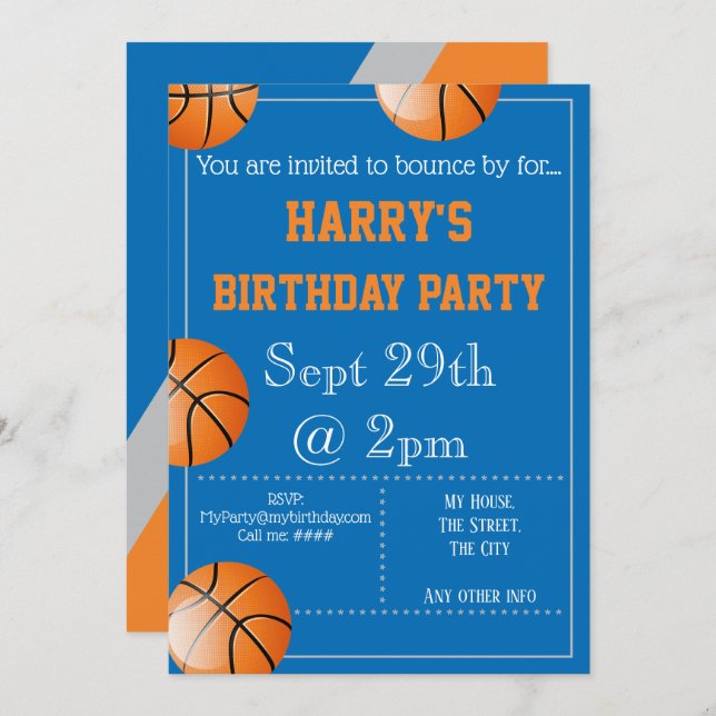 Convite de festas de basquete editável (Frente/Verso)