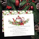 Convite de festas De Bebê De Natal<br><div class="desc">Este convite festivo para o chá de chá de fraldas da época de Natal apresenta um pote de chá enfeitado com ramos de sagrado e de morango. O convite é perfeito para celebrar a noiva que se aproxima durante o feriado. A frente do convite apresenta o pote do chá e...</div>