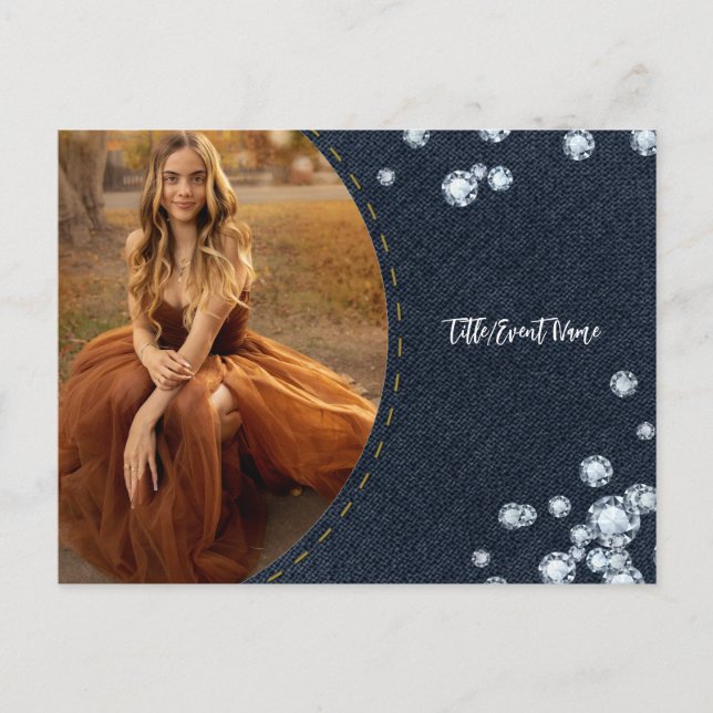 Convite de festas de Cartão-postal de Denim e Ouro (Frente)