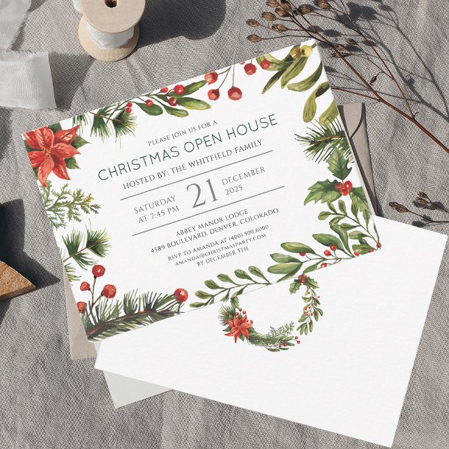Convite de festas de Casa Aberta das Berries Verme (Christmas Open House Greenery Red Berries Party Invitation)