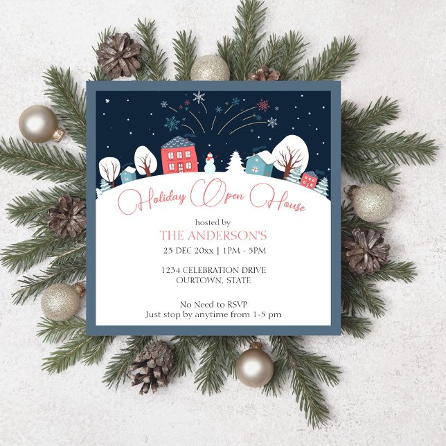 Convite de festas de casas abertas de férias da al (Winter village holiday open house party editable template invitation digital download cute houses)