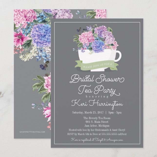 Convite de festas de chá chá de panela e Hydrangea (Frente/Verso)