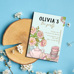 Convite de festas de chá ilustrado com tinta azul