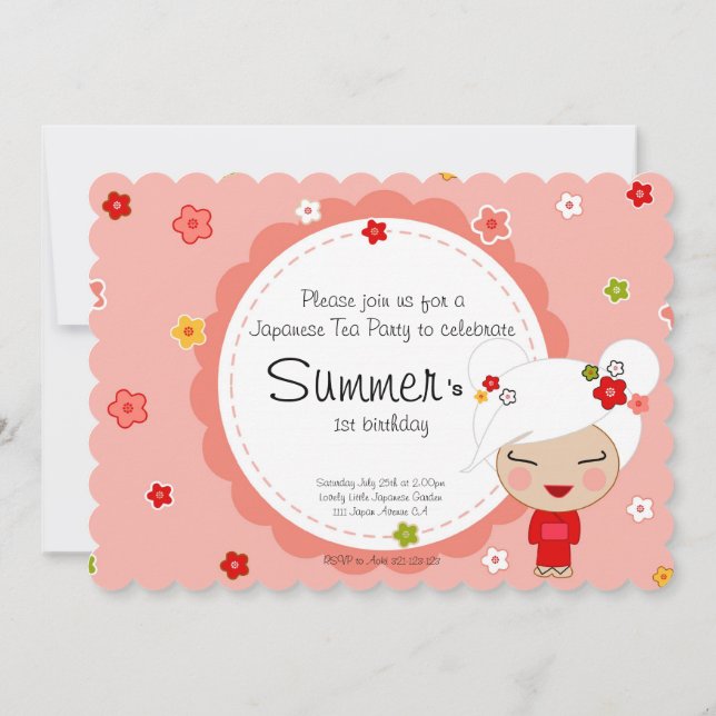 Convite de festas de chá japonês Kokeshi Doll (Verso)