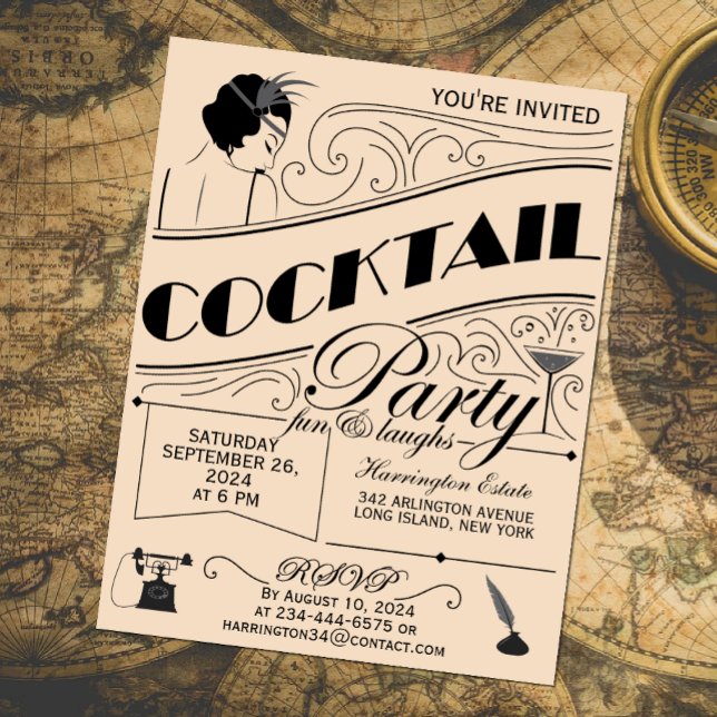 Convite de festas de cocktail de guiões (Vintage cocktail party invitation, Gatsby style)