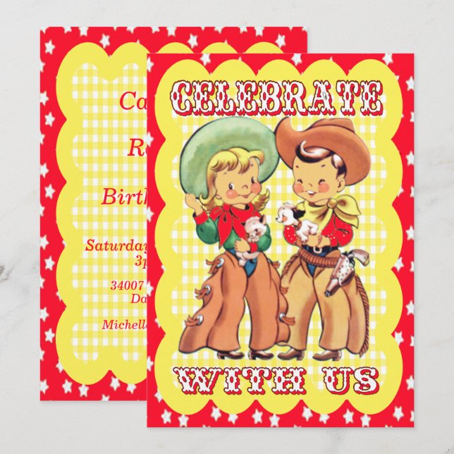 Convite de festas De Cowboy E Cowgirl Ocidentais (Frente/Verso)