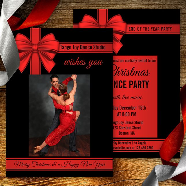Convite de festas de dança de Ano Novo de Tango no (A minimalist black and red Christmas or New Year's Eve tango dance party invitation with your photo)