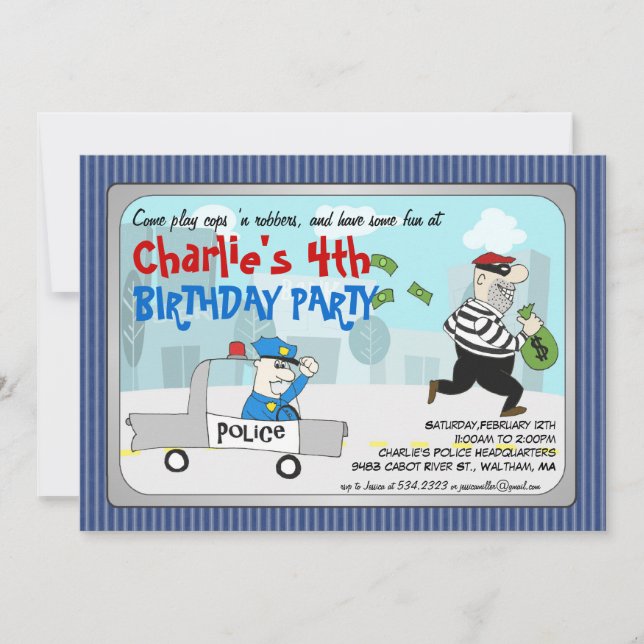 Convite de festas de desenhos animados da Polícia (Frente)