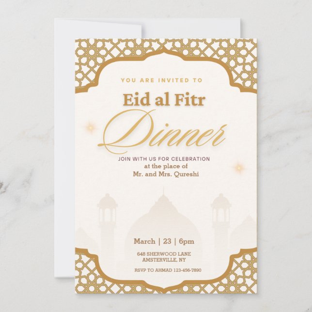 Convite de festas de Eid al fiter, branco e Dourad (Frente)