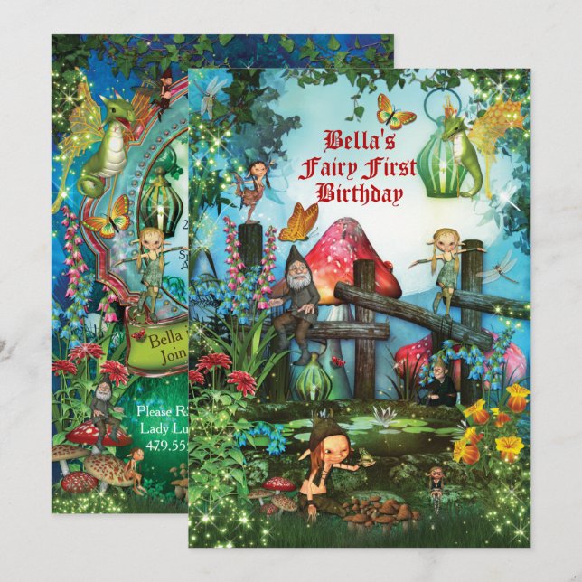 Convite de festas de Fadas de Madeira Encantada (Frente/Verso)