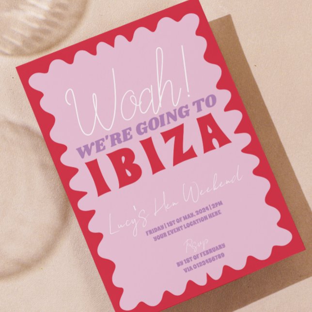 Convite de festas de final de semana vermelho rosa (red and pink retro wavy ibiza hen do invite)