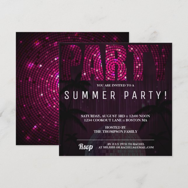 Convite de festas de fundo Neon Disco (Frente/Verso)