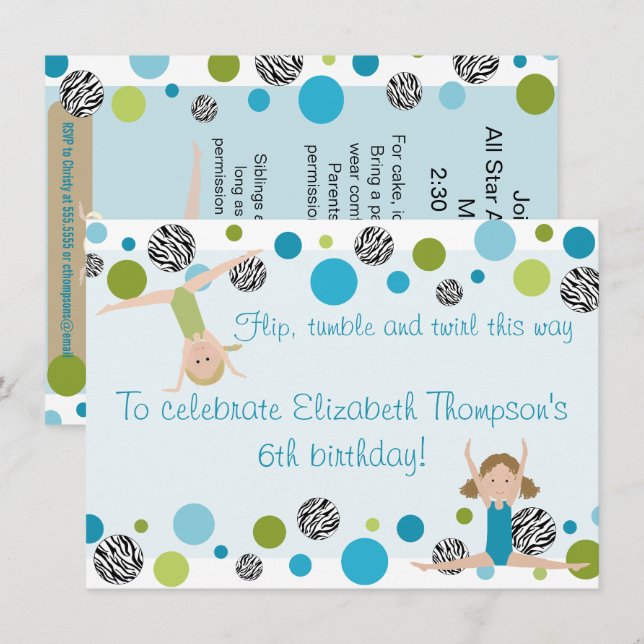 Convite de festas de ginástica Preto, Aqua e Verde (Frente/Verso)