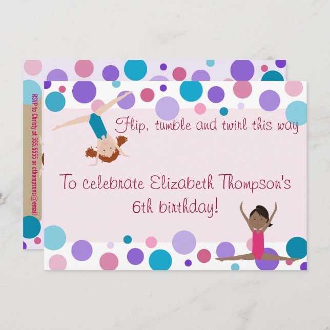 Convite de festas de ginástica Roxo, Teal e Pinks (Frente/Verso)