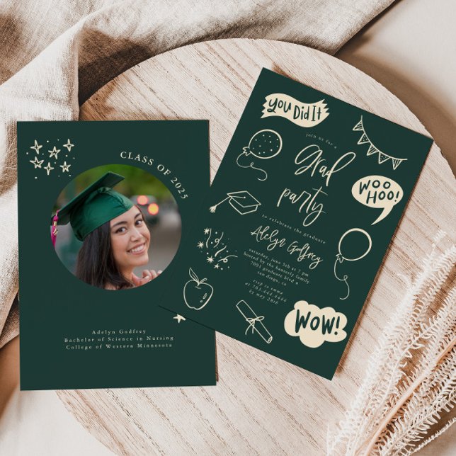 Convite de festas de Graduação Verde Quirky Drawn (Criador carregado)