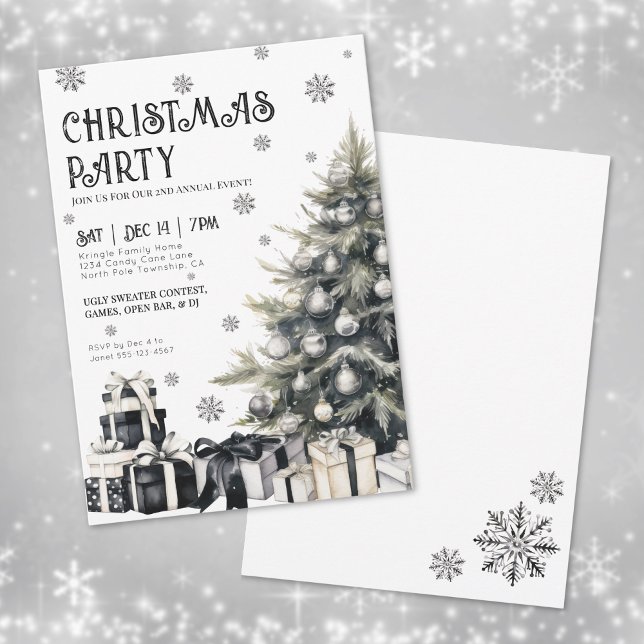 Convite de festas de inverno branco preto (Black White Winter Christmas Party Invitation )