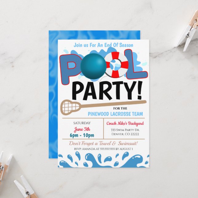 Convite de festas de Lacrosse Piscina de Verão (Frente/Verso In Situ)