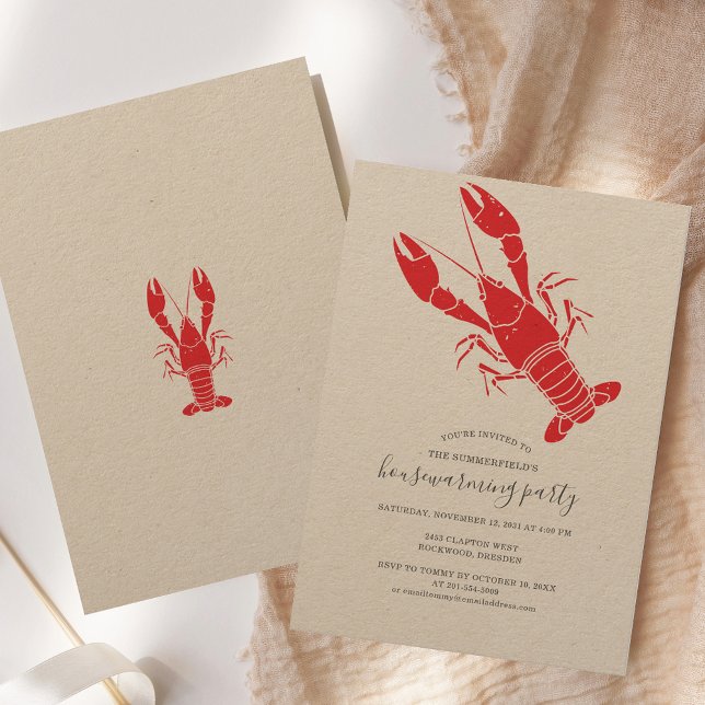 Convite de festas de Lavagem de Lagostas (Housewarming Party Lobster Boil Kraft Paper Invitation)