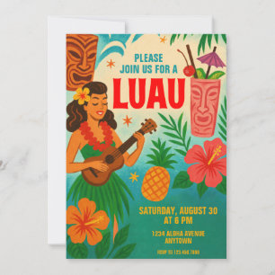 Convite de festas de Luau Retrohavaiano