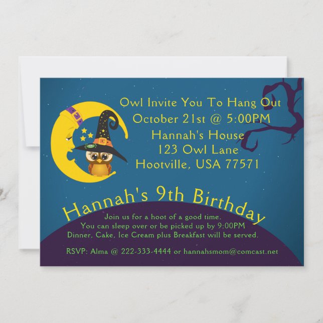 Convite de festas de madeira da lua Halloween Owl  (Frente)