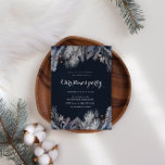 Convite de festas de Natal Blue Winter Greenery<br><div class="desc">Ilustração foliar de inverno no topo e no fundo em tons de cinza e azul emparelhados com um script branco para todas as suas informações sobre um fundo azul escuro. Verifique em nossa loja mais opções de convite de festas de Natal.</div>