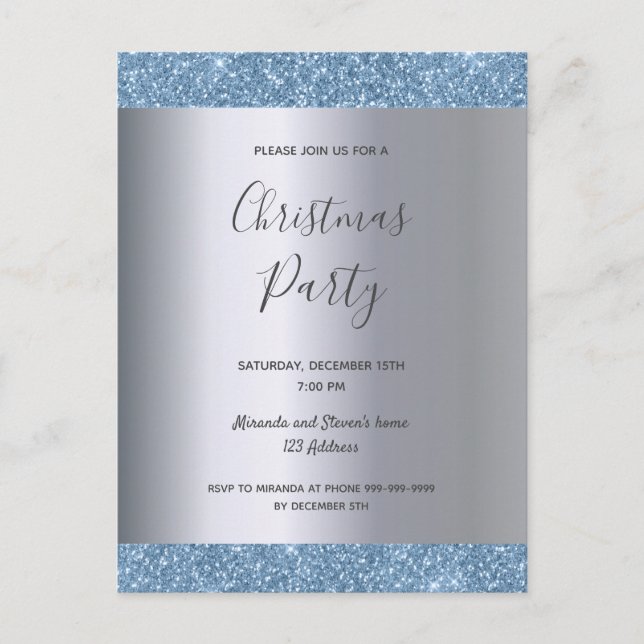 convite de festas de Natal com brilho azul de prat (Frente)