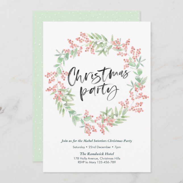 Convite de festas de Natal | coroa floral (Frente/Verso)
