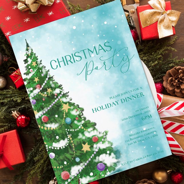 Convite de festas de Natal da Árvore de Aquarela A (Blue Watercolor Tree Christmas Party Invitation)