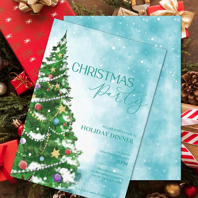 Convite de festas de Natal da Árvore de Aquarela A (Blue Watercolor Tree Christmas Party Invitation)