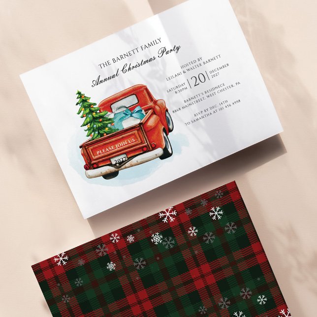 Convite de festas de Natal de Caminhão Vermelho xa (Plaid and Snowflakes Christmas Party Invitation)