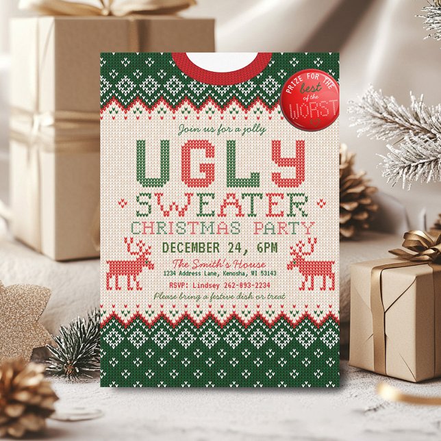 Convite de festas de Natal de Doce Feio (Cute argyle knitted ugly sweater Christmas Party Invitation, green red white tan, prize button  )