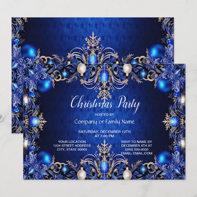 Convite de festas de Natal decorativo azul (Frente/Verso)