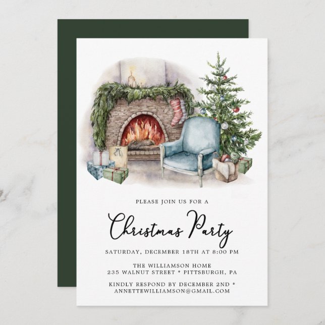 Convite de festas de Natal do Cozy Watercolor Home (Frente/Verso)