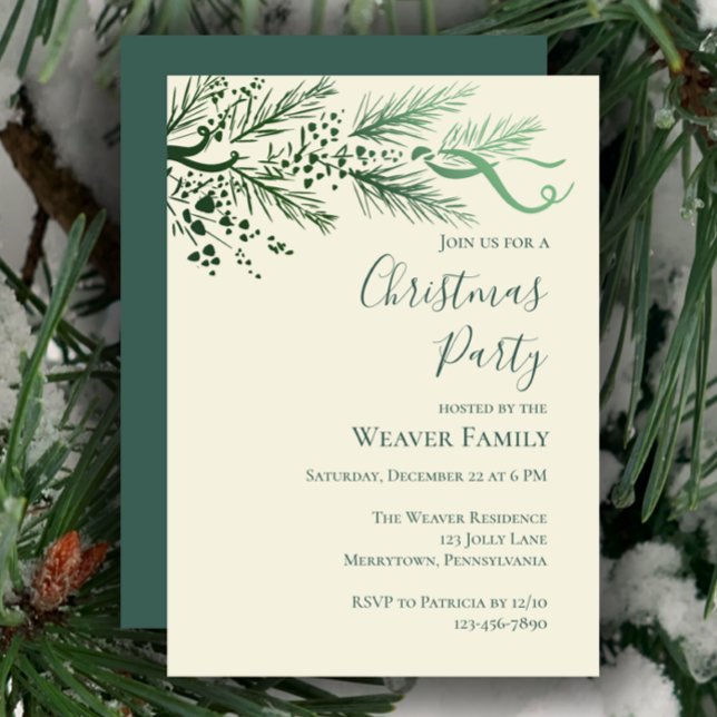 Convite de festas de Natal do Pinheiro Desenhado à (Customize this template for a unique hand drawn pine Christmas party invitation. Elegant sage.
)