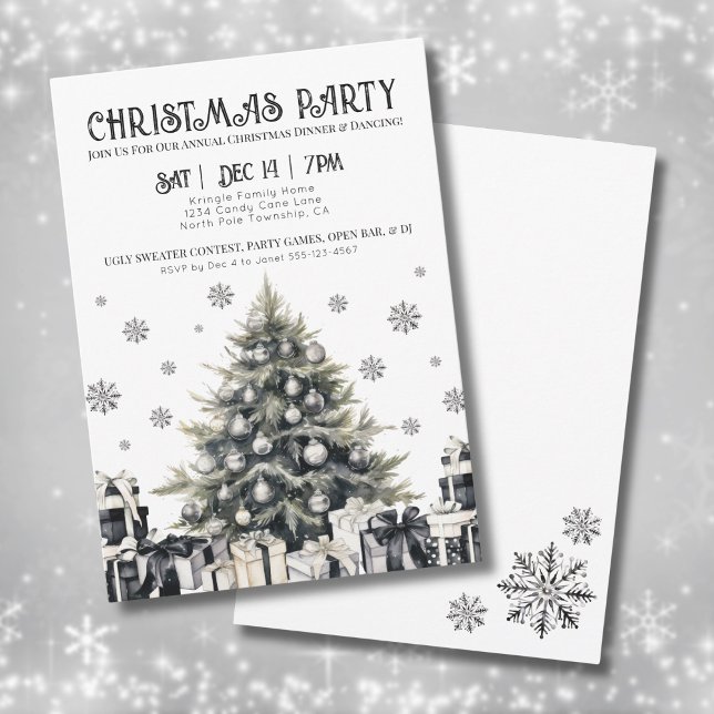 Convite de festas de Natal Elegante Branco Negro (Black White Elegant Christmas Party Invitation)