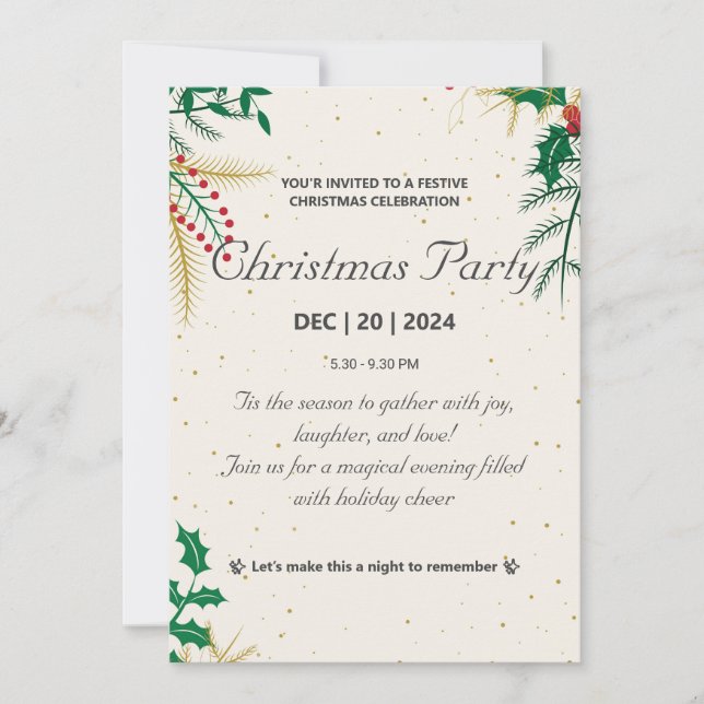 Convite de festas de Natal Elegante, Dourado e Ver (Frente)