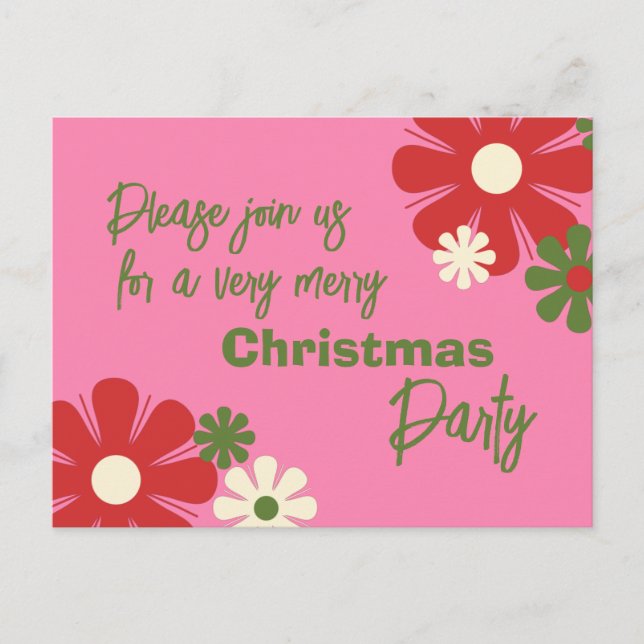 Convite de festas de Natal Floral Cor-de-Rosa (Frente)