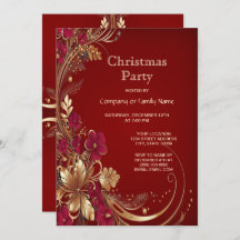 Convite de festas de Natal Floral Dourado vermelho