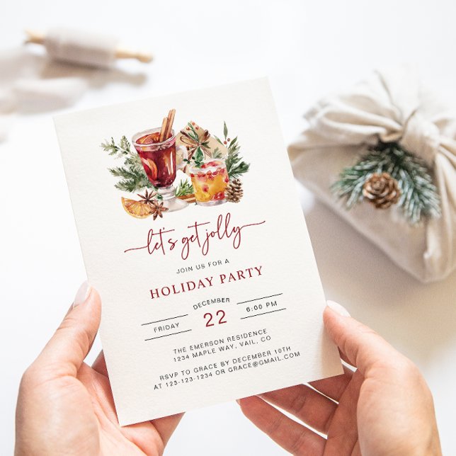 Convite de festas de Natal Holiday Watercolor (Let's Get Jolly Cocktail Holiday Party Christmas Invitation)