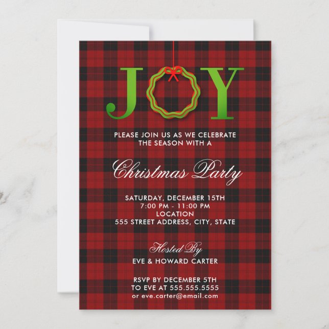 Convite de festas de Natal JOY Tartan (Frente)