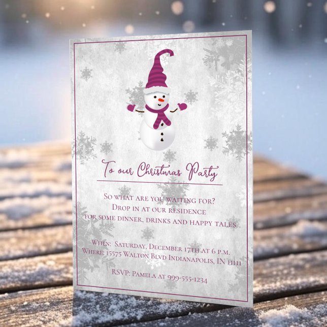 Convite de festas de Natal Magenta Cute Snowman (Magenta Cute Snowman Christmas Party Invitation)