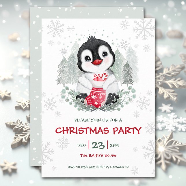 Convite de festas de Natal para a Neve Bonita do P (Cute Penguin Snow Christmas Party Invitation)