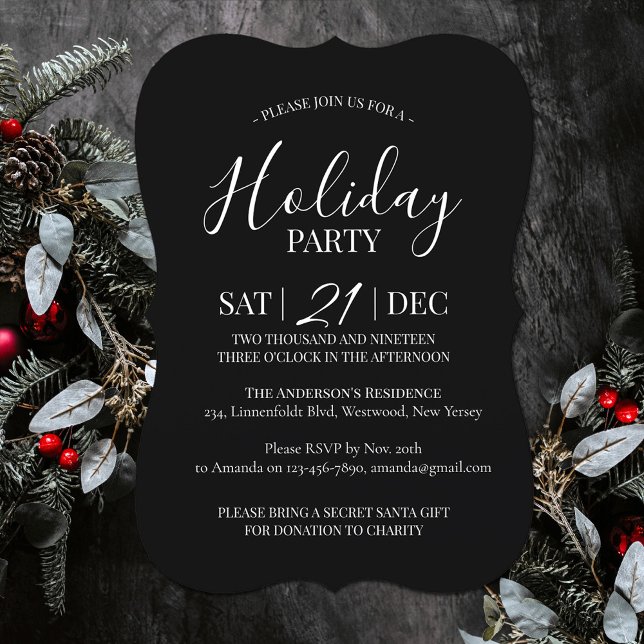 Convite de festas de Natal preto e branco moderno (Modern Holiday party invitation black and white simple)