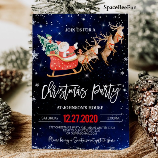 Convite de festas de Natal Reindeer Papais noeis d (Christmas party invitation Winter Santa Reindeer  sled invite Birthday Holiday party)