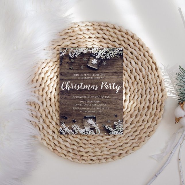 Convite de festas de Natal Rustic Wood Snowflakes (Criador carregado)